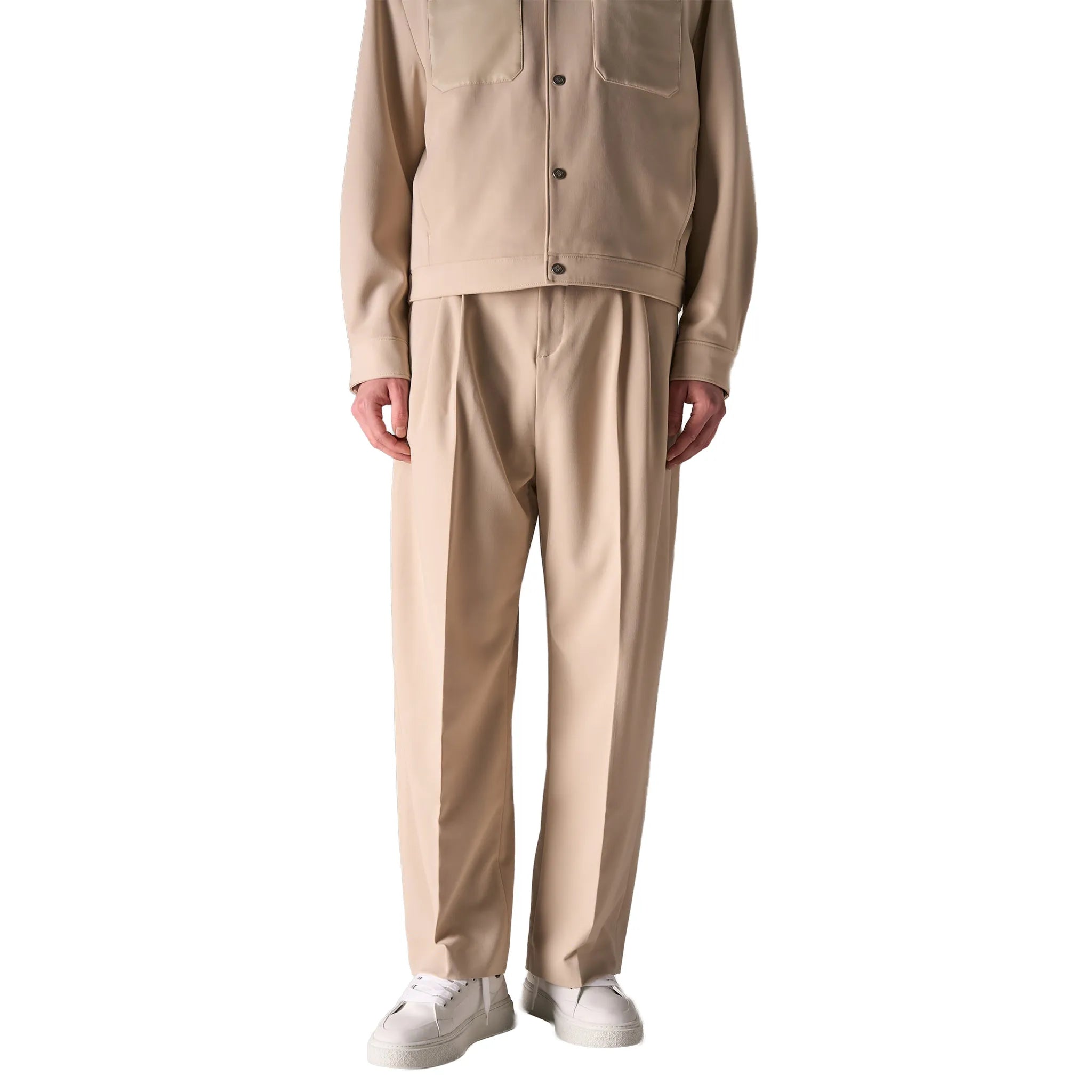 Model View of The Couture Barrel Leg Tailored Stone Trousers